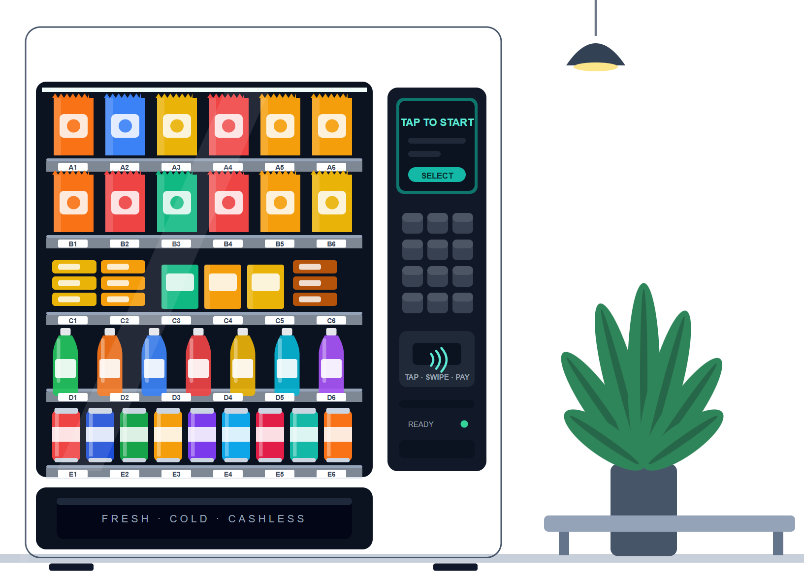 Illustration of a modern cashless vending machine stocked with snacks and drinks